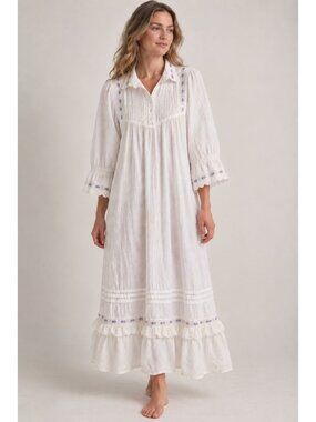 Vtg Moonglow Cotton Praire Maxi Dress size Medium Nightgown White Ribbon 70s